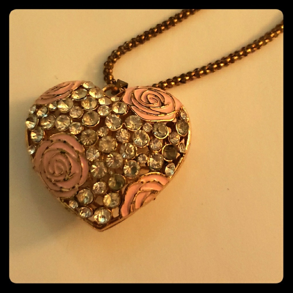 Betsey Johnson Sparkly Heart Necklace with Roses
